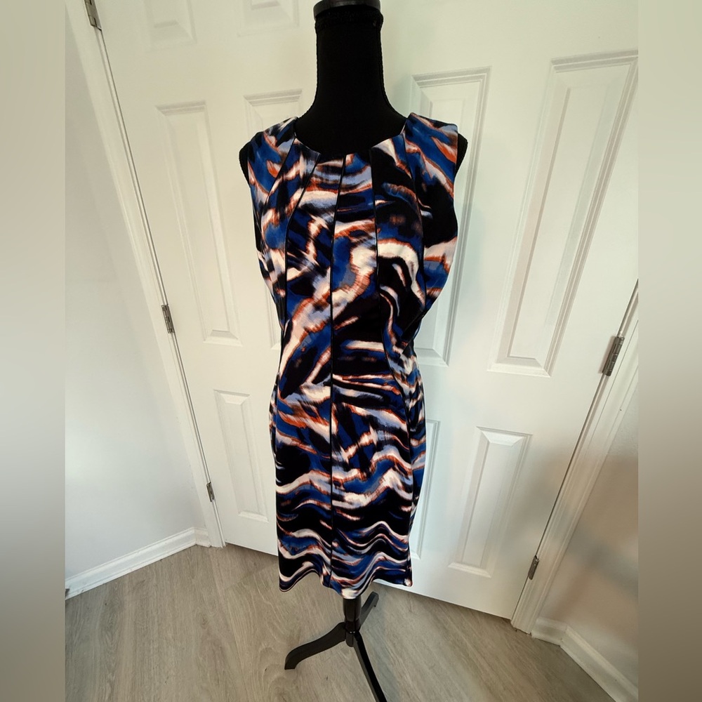 Calvin Klein Sleeveless Sheath Dress. Leather Detailing. Office, casual, stretch